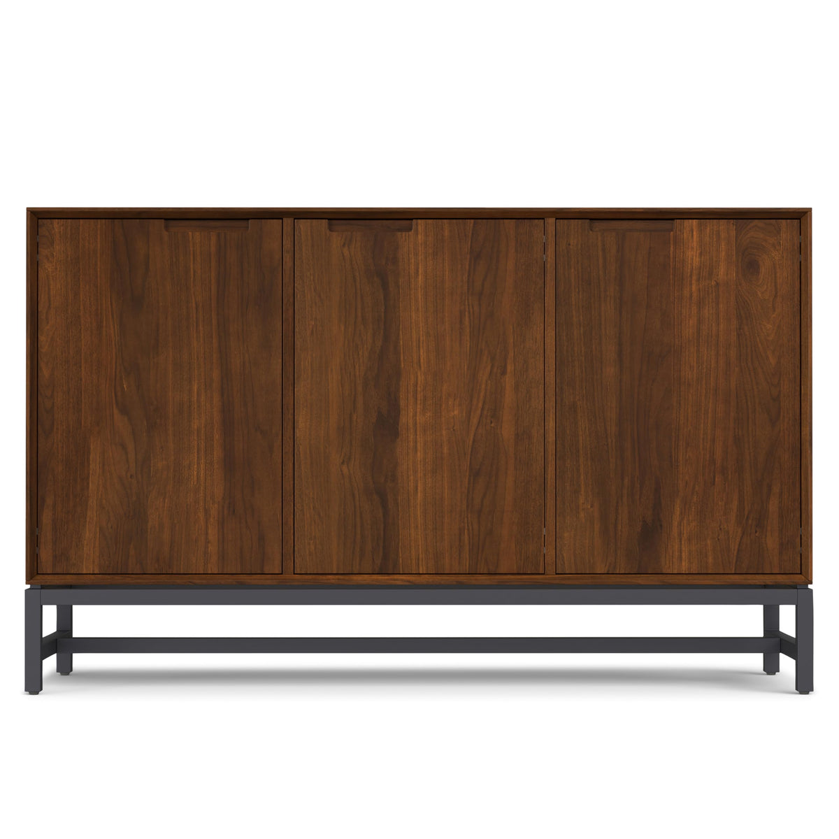 SIMPLIHOME Banting Buffet - 58 inch Wide Solid Wood 3-Door Sideboard Buffet in Natural Walnut, Mid-Century Modern Cabinet for Dining Room or Kitchen with Adjustable Shelves and Metal Base