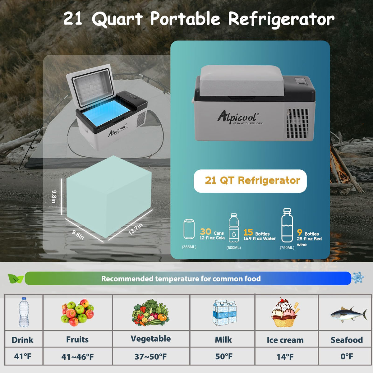 Alpicool C20 portable compressor fridge freezer 21Quart(20Liter) for car and home - 12V/24V DC and 110V AC