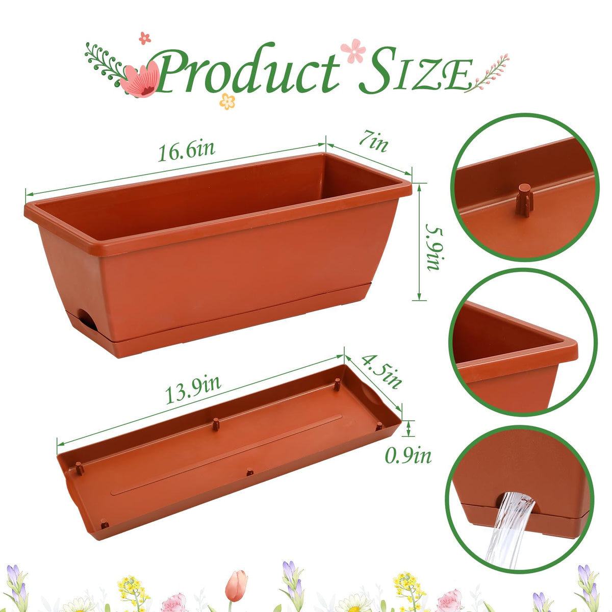 Lysjtsr 12Pcs 17Inches Rectangle Planter Box with Drainage Holes and Trays Plastic Planters Flower Boxes Pots for Indoor Outdoor Plants Patio Garden Home Decor Porch Yard (Red)