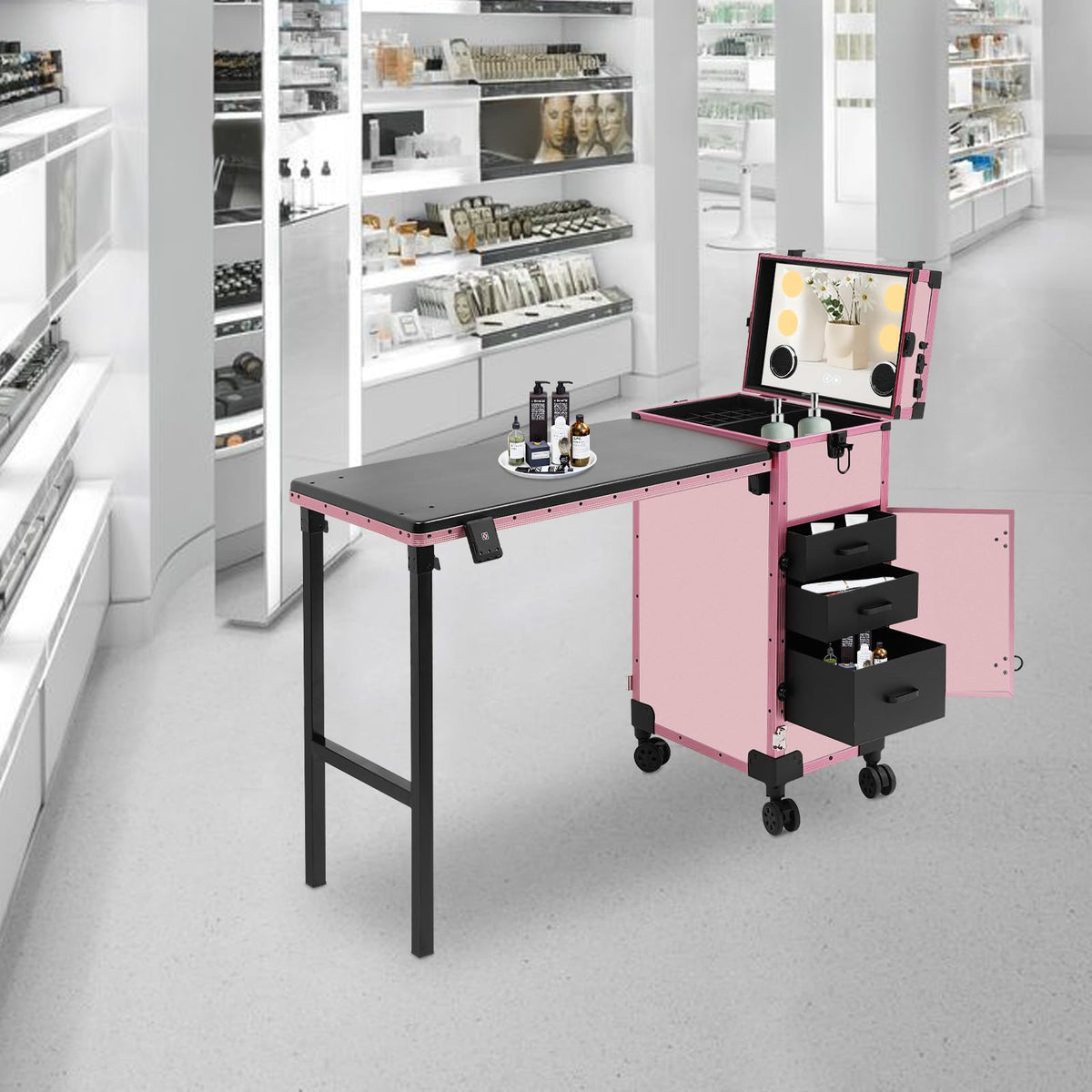 faoeqqEga 3 Tier Rolling Makeup Case w/Mirror, 110 Lbs Foldable Beauty Station w/Lighted Vanity, Aluminum Frame Travel Cosmetic Organizer for Stylist & Salon (Pink)