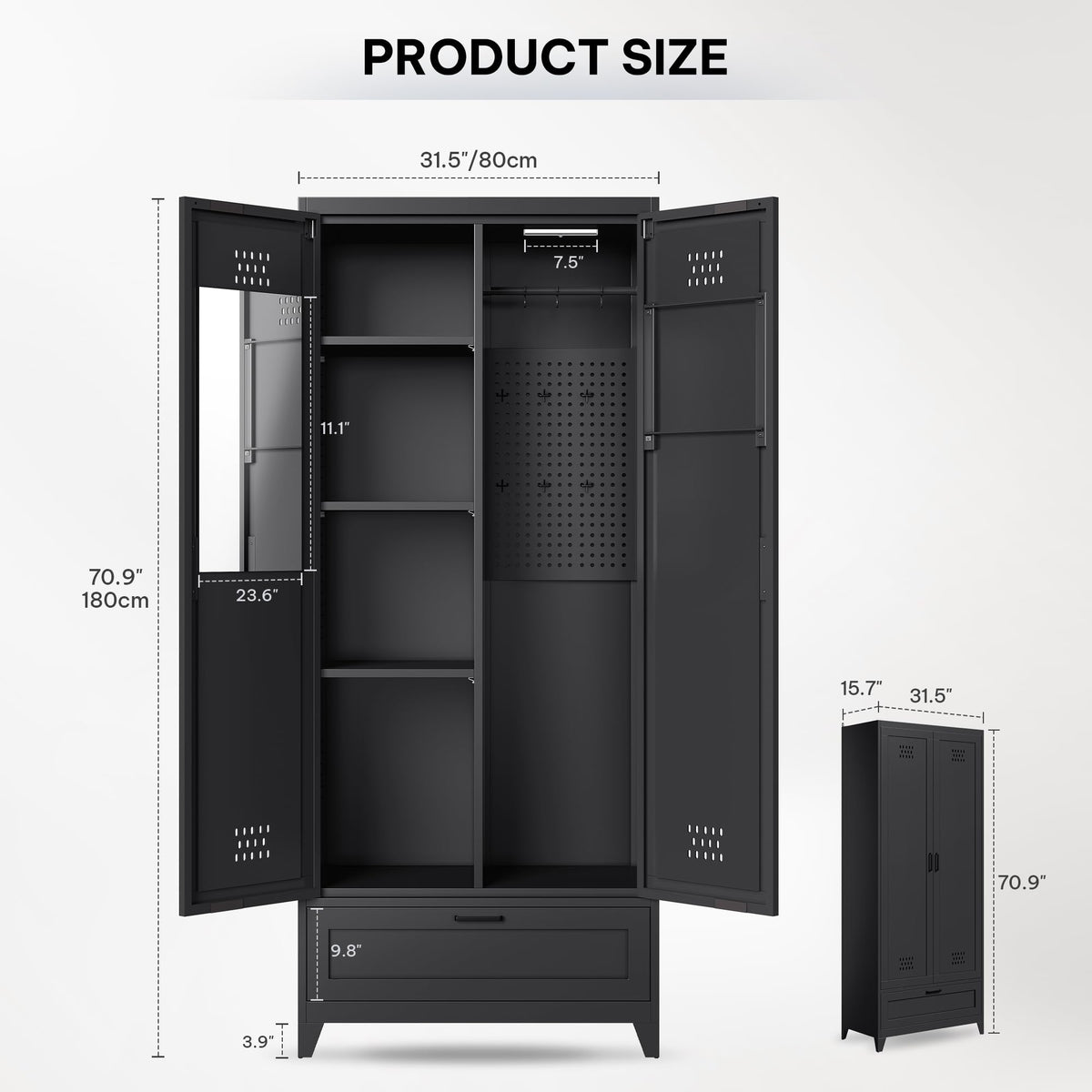 YITAHOME 71" Metal Garage Broom Cabinets with Adjustable Shelves, Vacuum Storage Cabinet with Doors and Drawer, Tool Storage Cabinet for Gym, Basement, Warehouse, Black