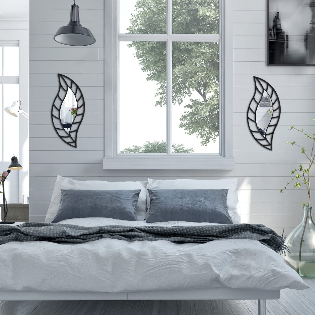Roowest 2 Pcs Decorative Mirror Wall Decor Leaf Teardrop Mirror Wall Mounted Decorations for Living Room Bedroom Bathroom Vanity Entryway Office(Black)