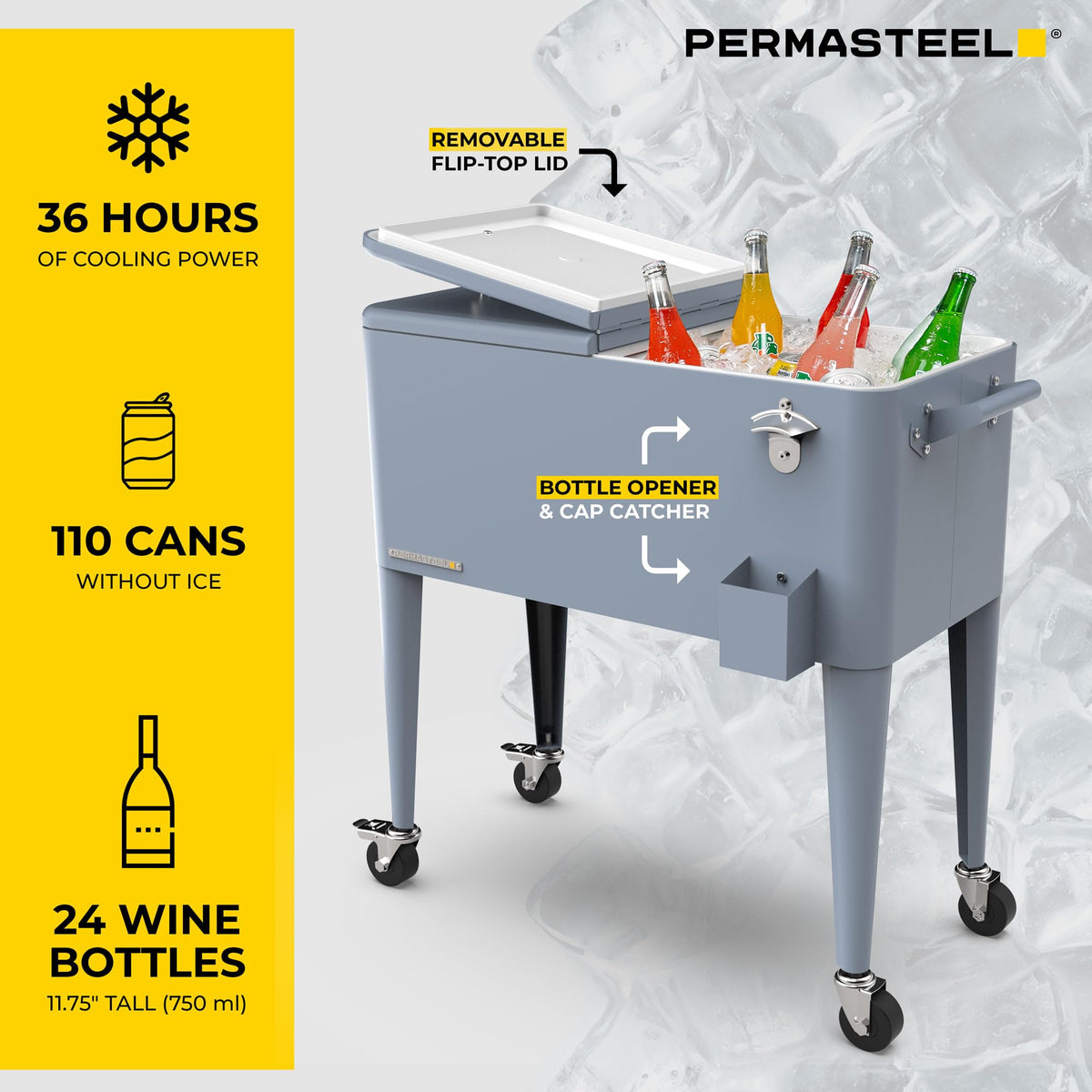 Permasteel Party Cooler with Divider, Spacious 80-Qt Capacity, Chills 36hrs, Serving Tray, Rolling Ice Chest for Indoor and Outdoor Entertainment, Matte Blue