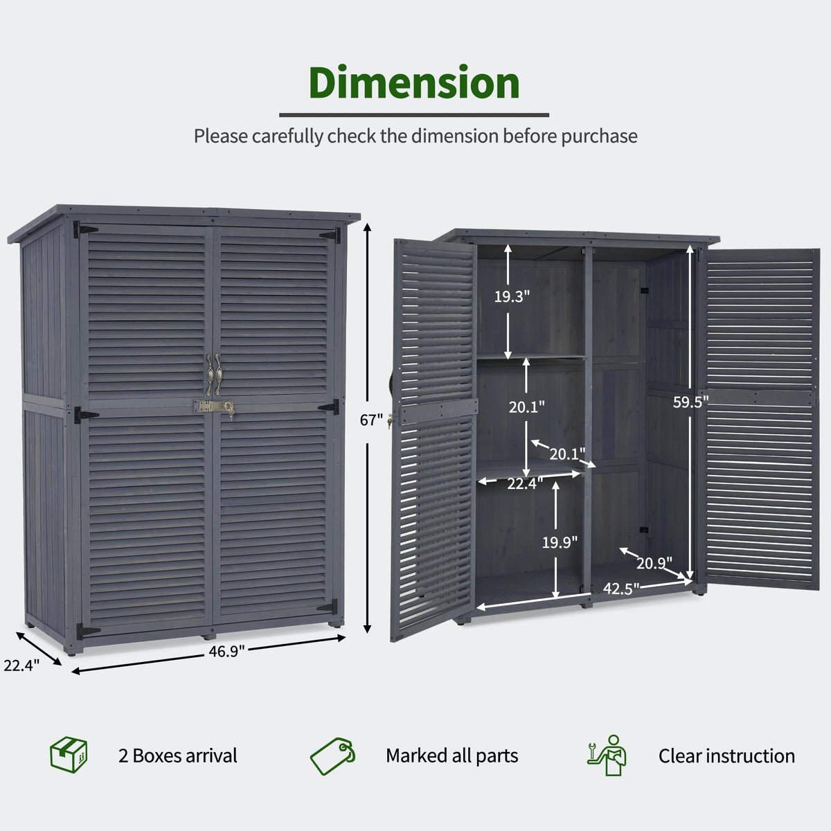 MCombo Outdoor Storage Cabinet, Wooden Storage Shed with Latch, Outside Garden Tool Shed with 2 Doors for Patio Yard Lawn, 1900 (Grey, Large)