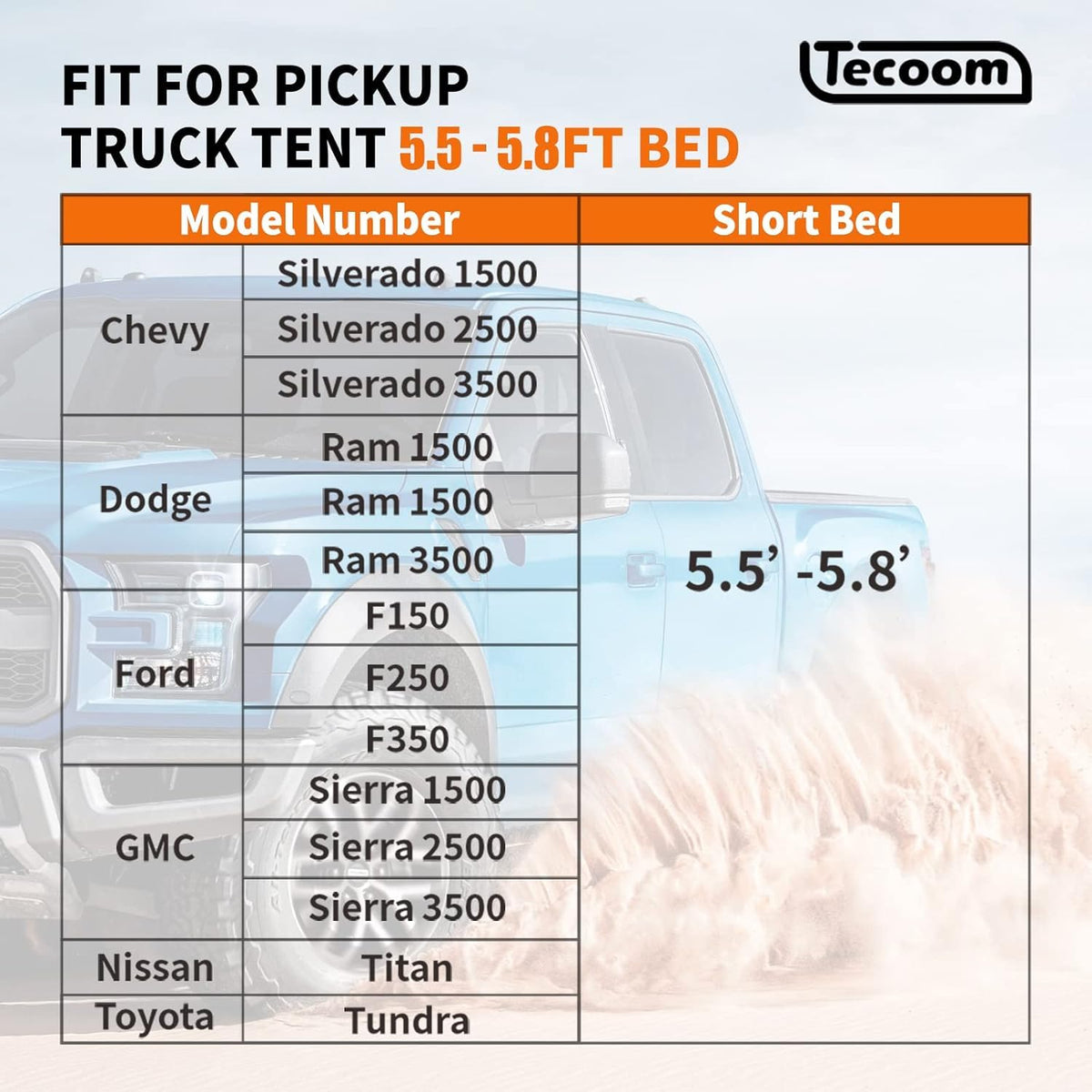 Tecoom Truck Tent Waterproof PU3000mm Double Layer for 5.5-5.8ft Pickup Bed, Portable 2 Person Compact Full Size Bed for Back of Truck Camping Beach Tent with Rain Fly