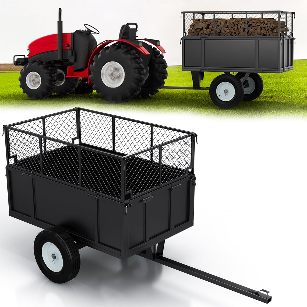 GAOMON Heavy Duty Utility Trailer for ATV/UTV, 750lbs Capacity Garden Dump Cart, Removable Sides, Pneumatic Tires, Hitch Compatible Pull-Behind Yard Cart for Lawn Mower, Tractor, Farm