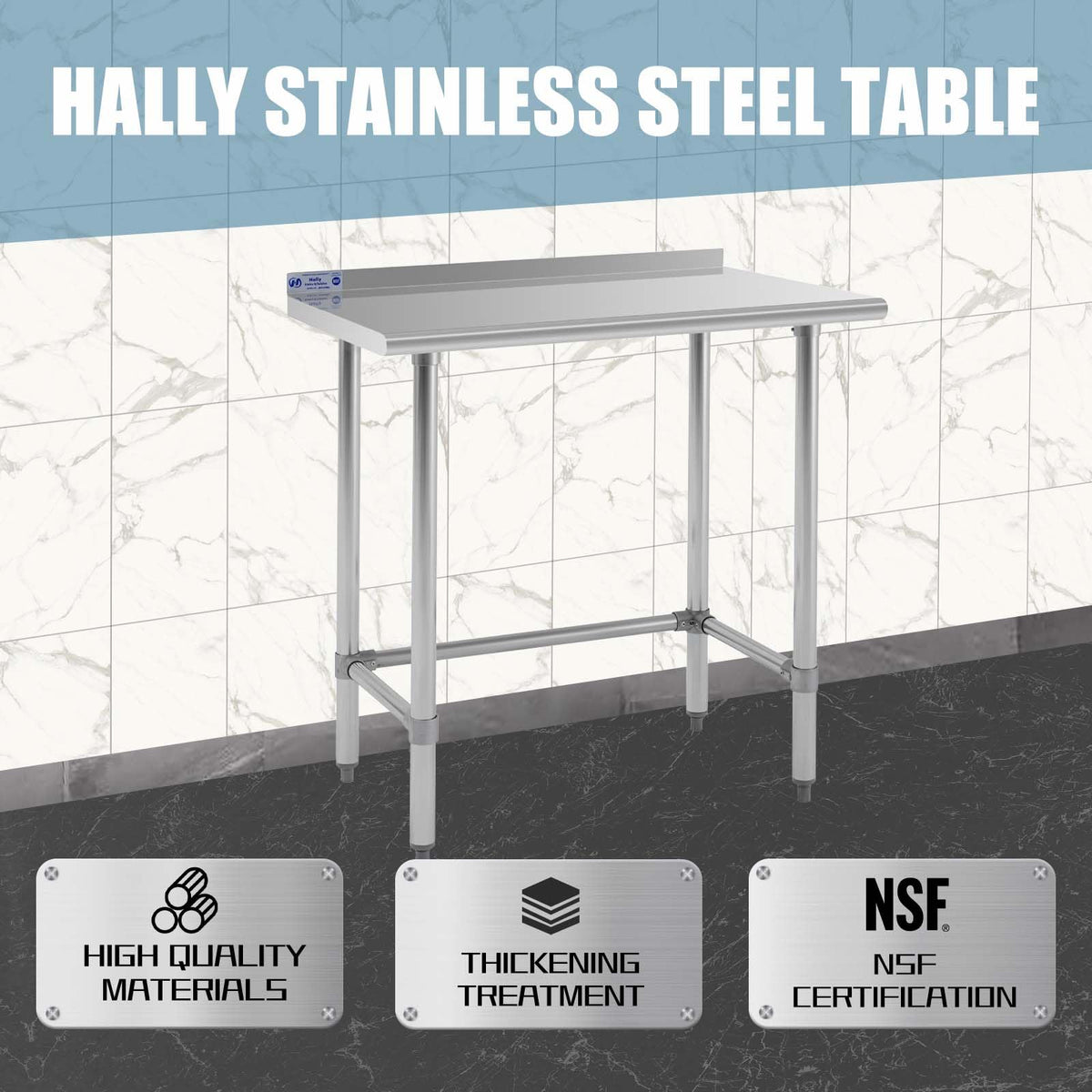 Hally Open Base Stainless Steel Table 24 x 36 Inches, NSF Commercial Heavy Duty Prep & Work Table with Backplash and Galvanized Legs for Restaurant, Home and Hotel