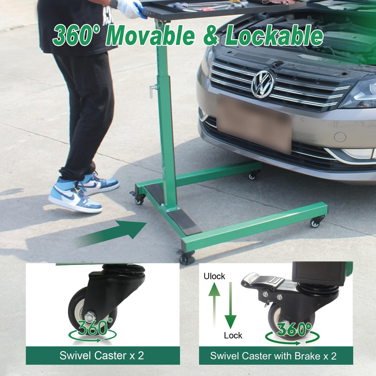 Adjustable Height Mobile Work Table, Foldable Table with Heavy Duty Steel, Rolling Tool Cart with Brakes for Garage Repair Shops DIY