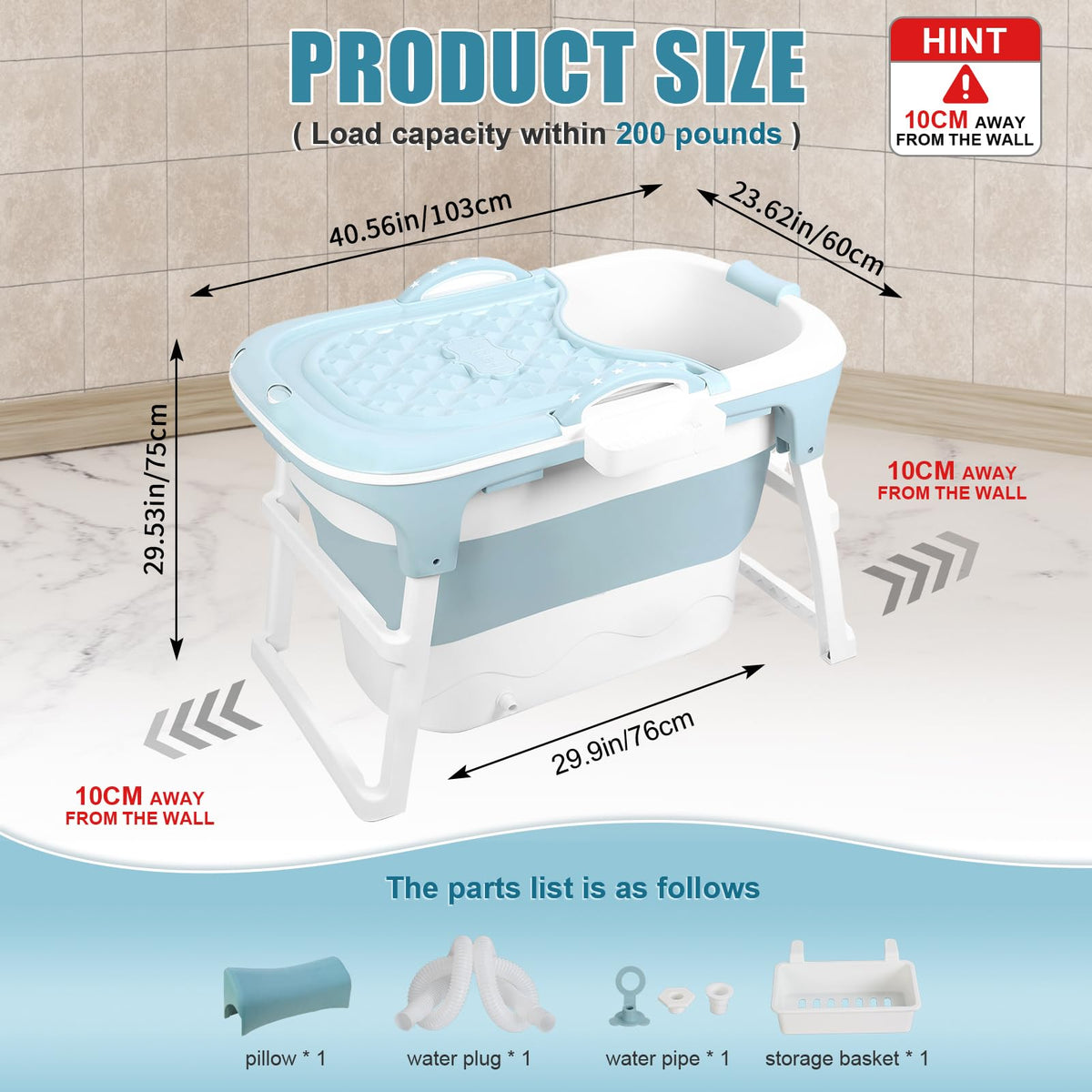 41 Inch Foldable Bathtub for Adults, Large Portable Tub for Shower, Effortless Collapsible Bathtub Adult for Spacious Bathrooms & Outdoor Use, Ideal for Ice Baths & Hot Baths (Blue, 41 Inch)