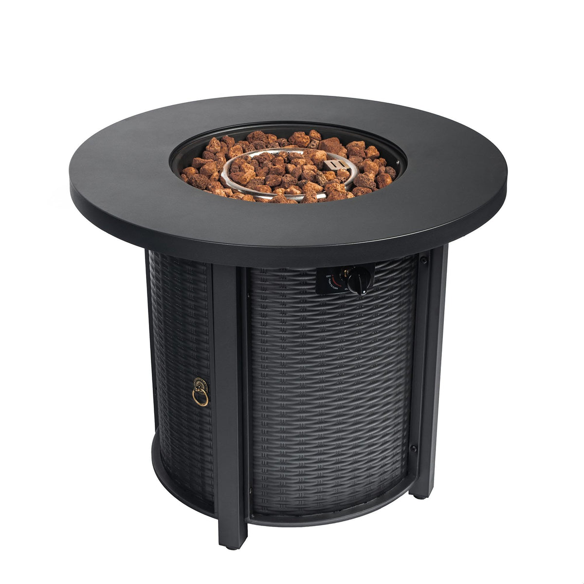 GDFStudio 30" Round Propane Fire Pit Table, 50000 BTU Outdoor Gas Heater with Steel Top & Wicker Base, for Patio, Deck, Garden, Black
