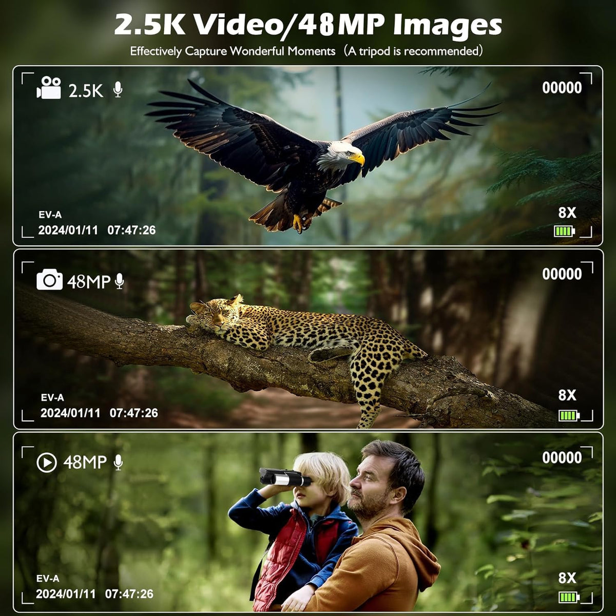 2-in-1 Digital Camera Binoculars for Adults, 12x32 HD with 2.4" LCD Display, 48MP & 2.5K Video Recording, 8X Digital Zoom for Bird Watching, Concerts, Travel 32GB
