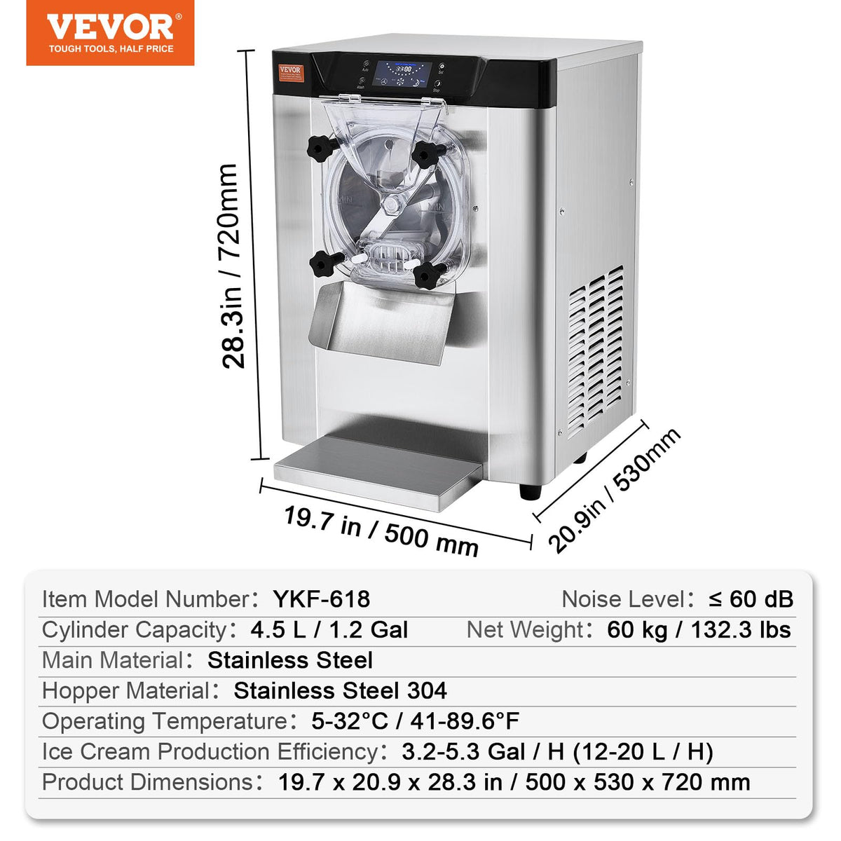 VEVOR Commercial Ice Cream Machine, 12 L/H Yield, 1713W Single Flavor Countertop Hard Serve Ice Cream Maker, 4.5L Stainless Steel Cylinder, LED Panel Auto Clean Pre-cooling, for Restaurant Snack Bars