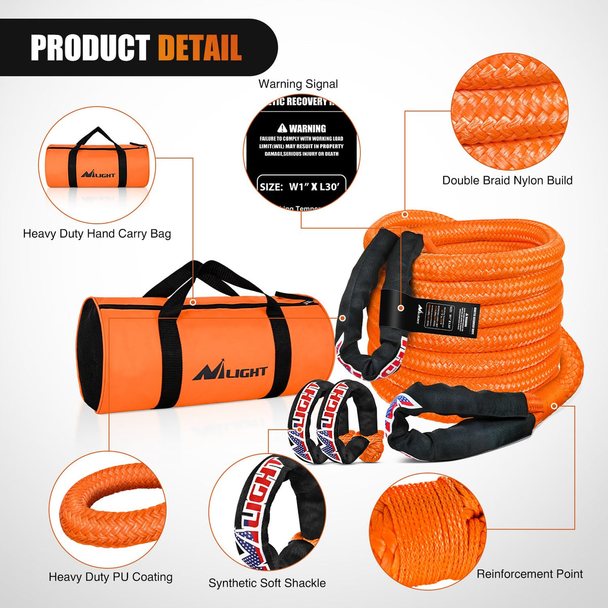 Nilight Kinetic Recovery Tow Rope Kit with 2 Soft Shackle 1" x 30ft Heavy Duty Offroad Tow Rope Snatch Strap Towing Strap kit (33,000LBS) for UTV ATV SUV Truck Car Jeep Tractor