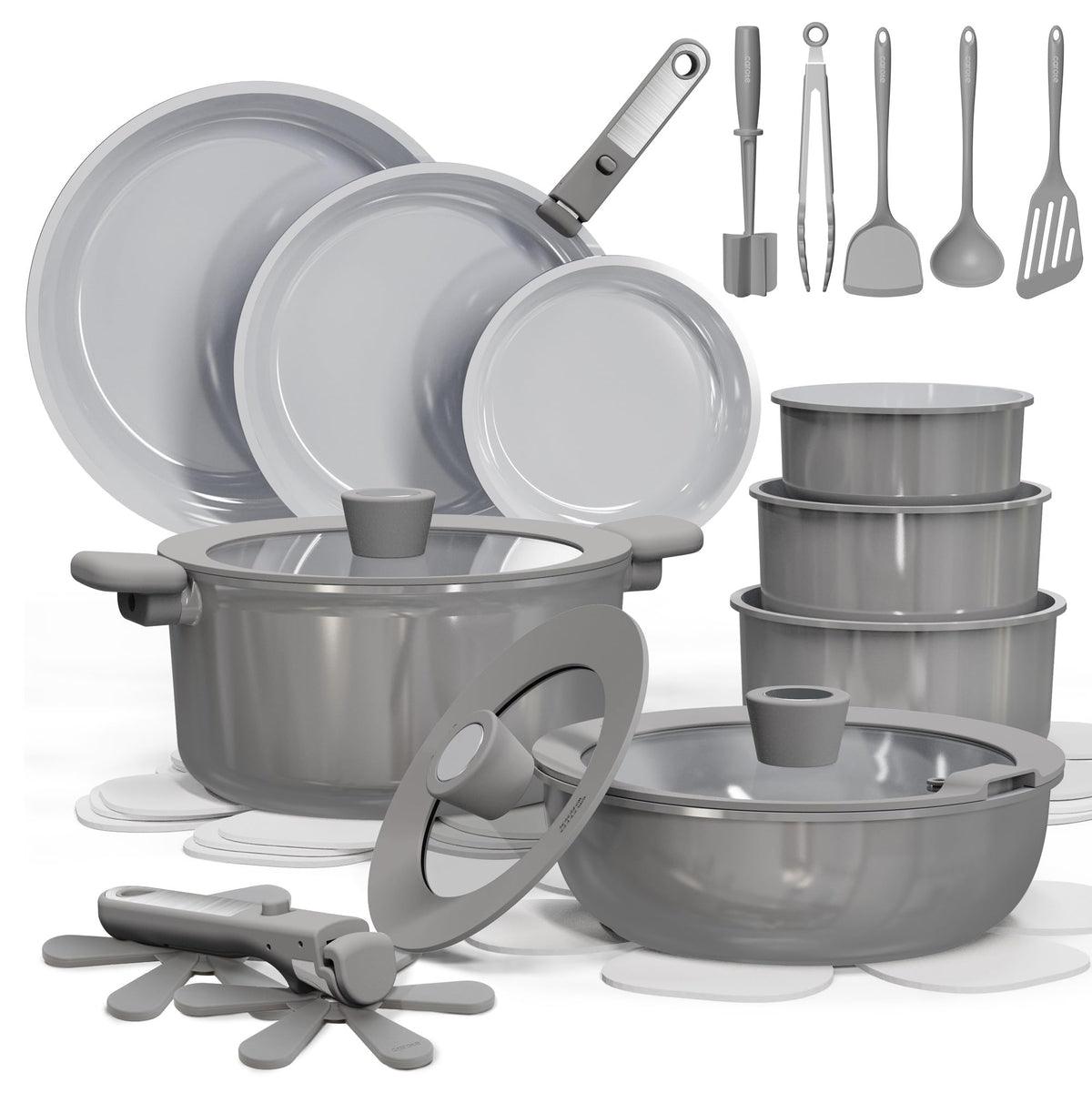 CAROTE 27pcs Ceramic Cookware Set Nonstick, Pots and Pans Set Non Stick, Non Toxic Cookware Detachable Handles, Dishwasher/Oven Safe, RV/Camping Cookware with Kitchen Utensils, Gray