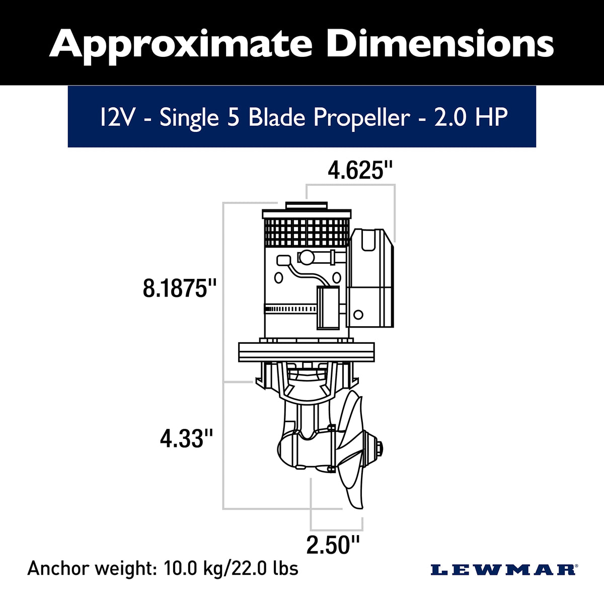 Lewmar 110TT Boat Thruster Kit 1.5 W, Single 5-Blade Propeller, 1.5kW 2.0 HP 12-Volt Motor with Joystick Control, 7-Meter Cable, Thrust Tunnel, Fuse and Holder