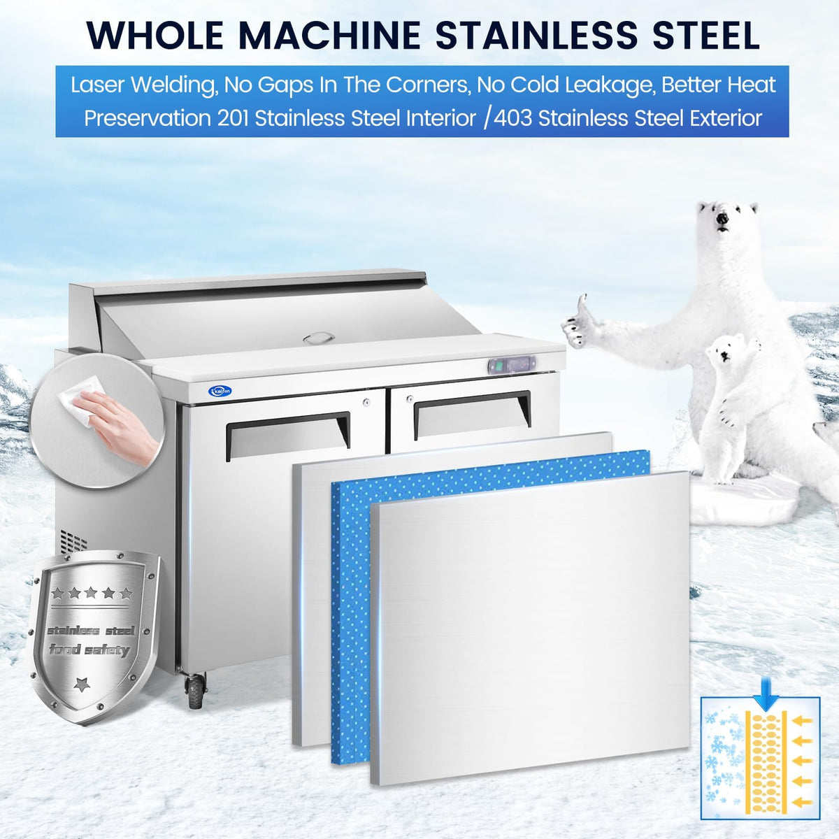 kalifon 60" W 2 Door Refrigerator Sandwich Salad Prep Table Commercial Stainless Steel Fan Cooling Refrigerator with Cutting Board, 2 Shelves & 24 Pans for Restaurant, Bar, Shop-16.4 Cu.ft