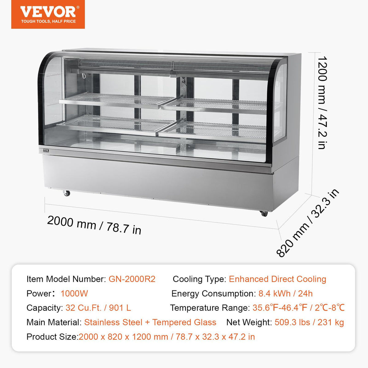 VEVOR Deli Case, 32 Cu.Ft./901L Large Pastry Display Case, 4-Tier Commercial Display Refrigerator with LED Lighting, Downdraft Cooling, Movable with Casters, for Bakery