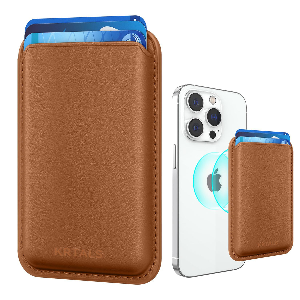 KRTALS Stronger Magnetic RFID Leather Mag-Safe Card Holder for iPhone 16 Series, Mag-Safe Accessories Stick on Series of iPhone 17/16/15/14/13/12 and Pro/Promax, Brown