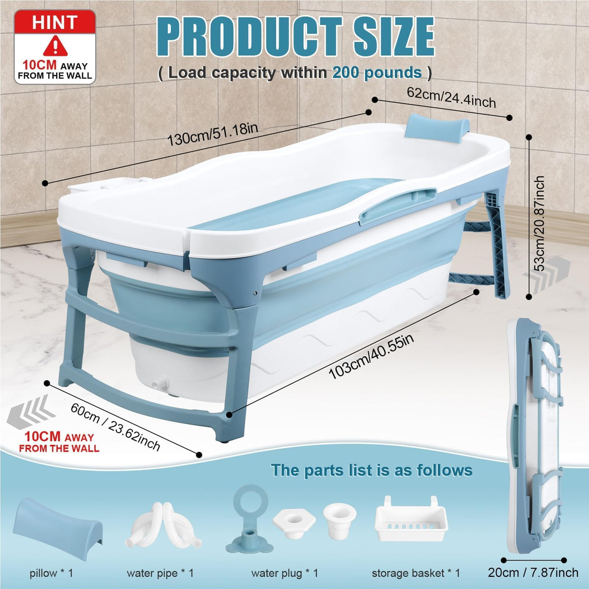 51" Large Foldable Portable Bathtub for Adults | Collapsible Bathtub with Dual Drains[Smooth Drain] | Folding Bath Tub for Shower Stall | Soaking Tub for Bathroom | Ice Hot Bath Tubs Blue