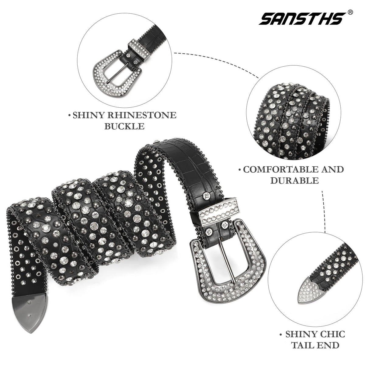 SANSTHS Women Rhinestone Belt for Jeans, Western Cowgirl Bling Studded Belt Faux Crocodile Grain Leather, Black L
