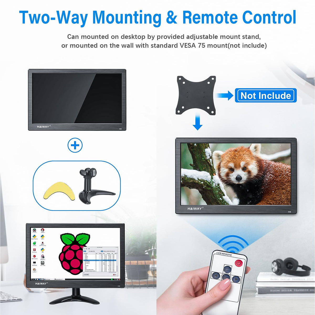 Haiway 13.3 inch Security Monitor, 1366x768 LED Monitor Small HDMI Monitors with Remote Control Built-in Speakers, Mini Monitors HDMI VGA AV BNC USB Input for CCTV Raspberry Pi PC Fire Stick Gaming