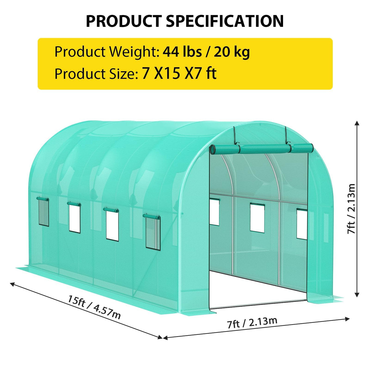 7*15*7FT Walk-in Greenhouse, Portable Walking in Tunnel Tent, Walking in Tunnel Tent with Galvanized Pipe, 2 Roller Zippered Door & 8 Screen Windows, Greenhouses for Outdoors (Bottom widening Design)