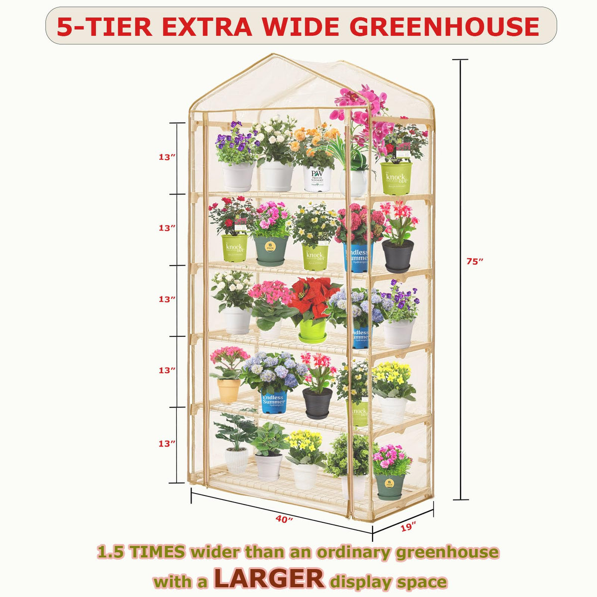 5 Tier Greenhouse with Grow Light ,Portable Greenhouse with Zippered PVC Cover for Seed Starting Trays , 75'' H x 40'' W x 19'' D Plant Light for Indoor Plant with Timer(PLGH1005OWPT)