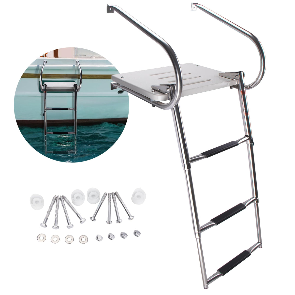 3-Step Boat Ladder with Swim Platform,Stainless Steel Dock Ladder with ABS Swim Platform 2 Handrails,500LBS Telescopic Boarding Ladder Dive Ladder for Pontoon Yacht