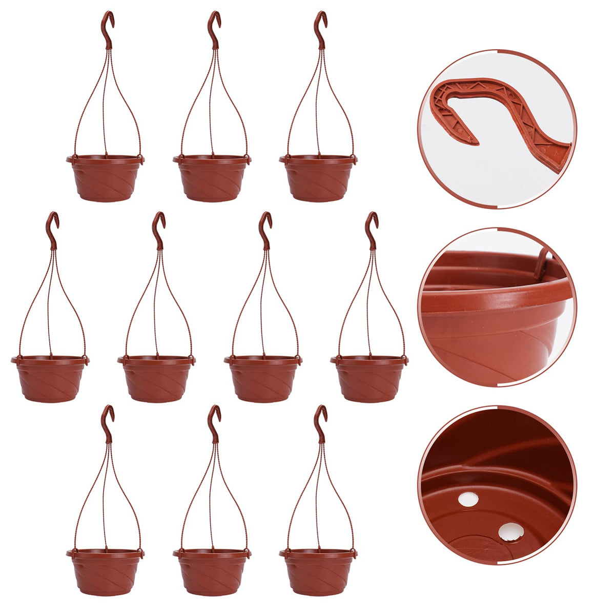 10 Sets Plastic Hanging Planters with Drainage Holes and Detachable Hooks - 6.7 Inch Small Hanging Flower Pots for Indoor Outdoor Plants, Windows, Balconies, and Garden Fences