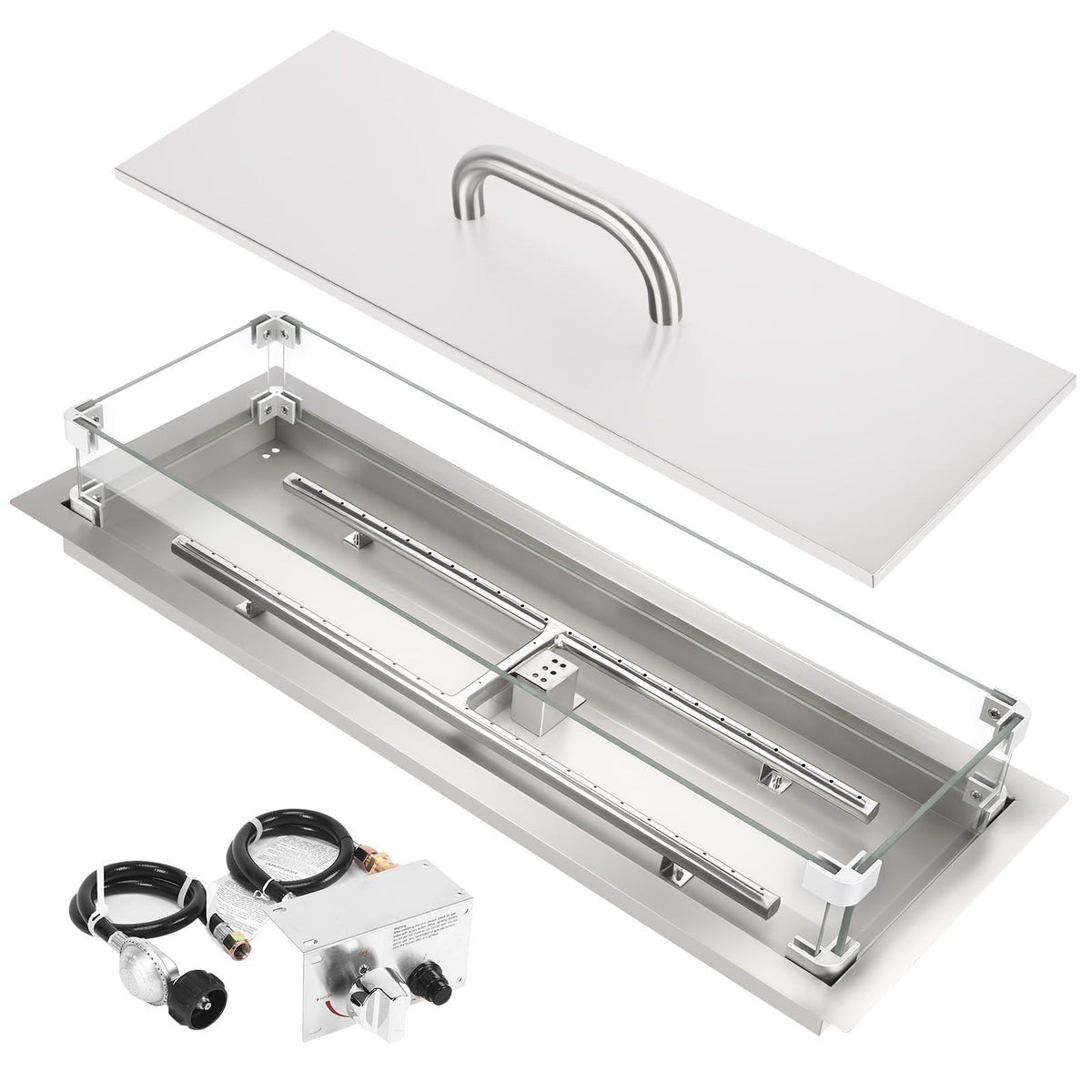 Hisencn 30 x 10 Inch Drop-in Fire Pit Kit, Premium Stainless Steel Modern Fire Trough with Tempered Glass Wind Guard, Built-in Outdoor Table Flame Feature for Patio, Backyard & Entertaining