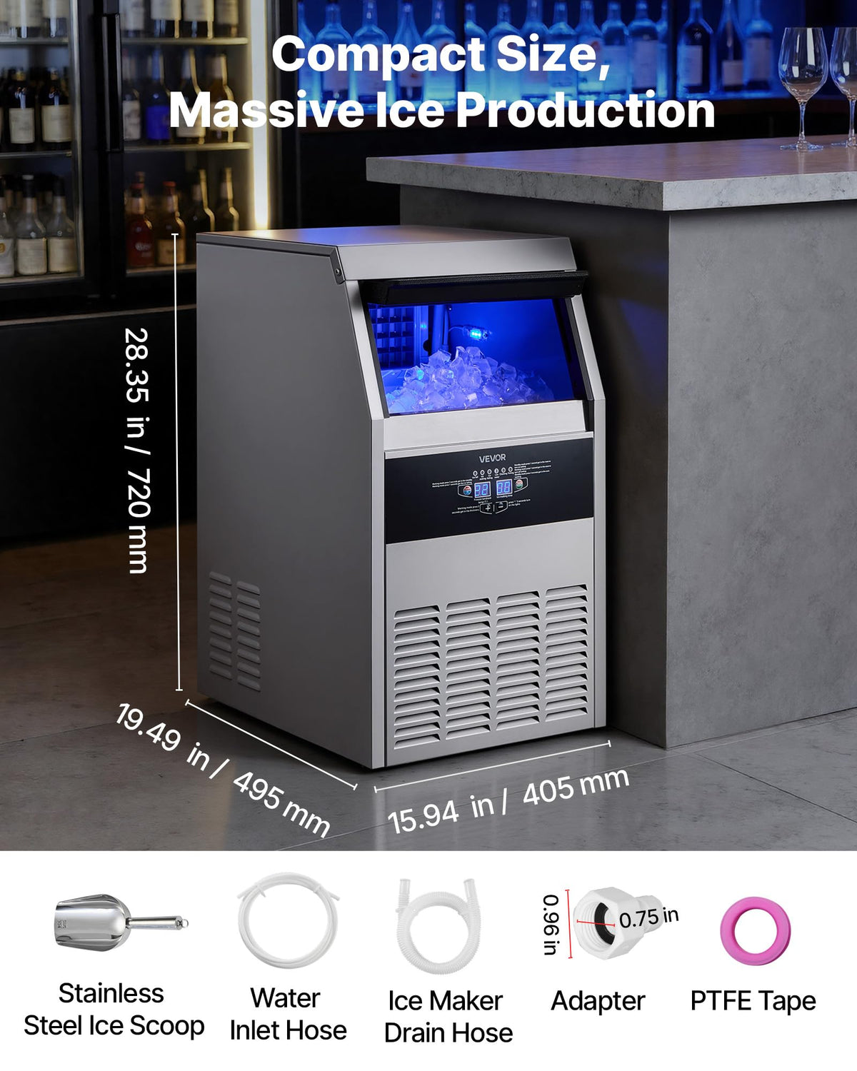 VEVOR Commercial Ice Maker Machine, 130 lbs/24h with 16-30 lbs Storage Capacity, Built-in/Freestanding/Under Counter, Stainless Steel Ice Maker with LED Display & Self-Cleaning, Home Bar Restaurant