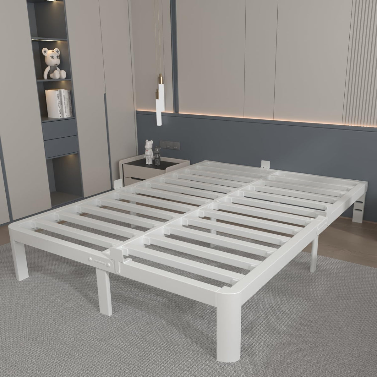 KOSOSO 10 Inch Full Size Bed Frame, White Bed Frame Full with Metal Gaskets, No Box Spring Needed, Rounded Corner Design, Heavy Duty Steel Platform Support,Reserved Holes, Noiseless, Storage Space