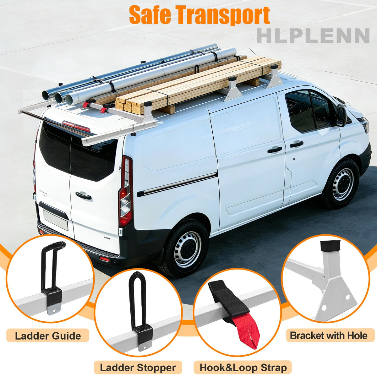 54" Ladder Roof Rack Fit for Ford Transit 150 250 350, 2015-2025 Heavy Duty Ladder Roof Rack with Rear Roller for Cargo Van, 800lbs Load Capacity (3 Crossbars), for Transporting Ladders, Pipes
