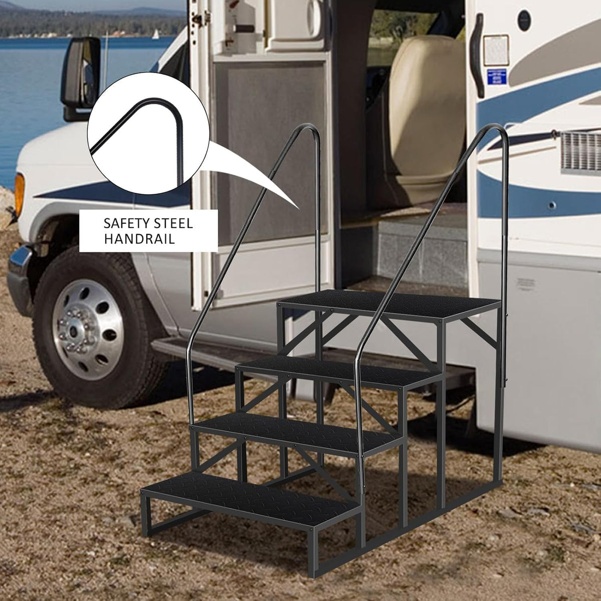 Garvee RV Steps with Handrail,660 Lbs Heavy-Duty 4 Step Camper Entry Step Stairs with Anti-Slip Panel, Mobile Home Stairs Outdoor Camping Travel Trailers Motorhome Hot Tub Spa Portable Step