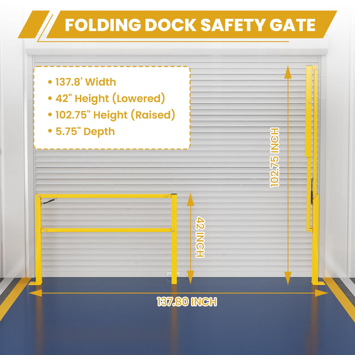 Hymula 10‘ Folding Dock Door Gate – Heavy-Duty Industrial Safety Barrier for Dock Doorways &Loading Docks & Warehouses with Gas Strut & High Visibility Yellow Finish