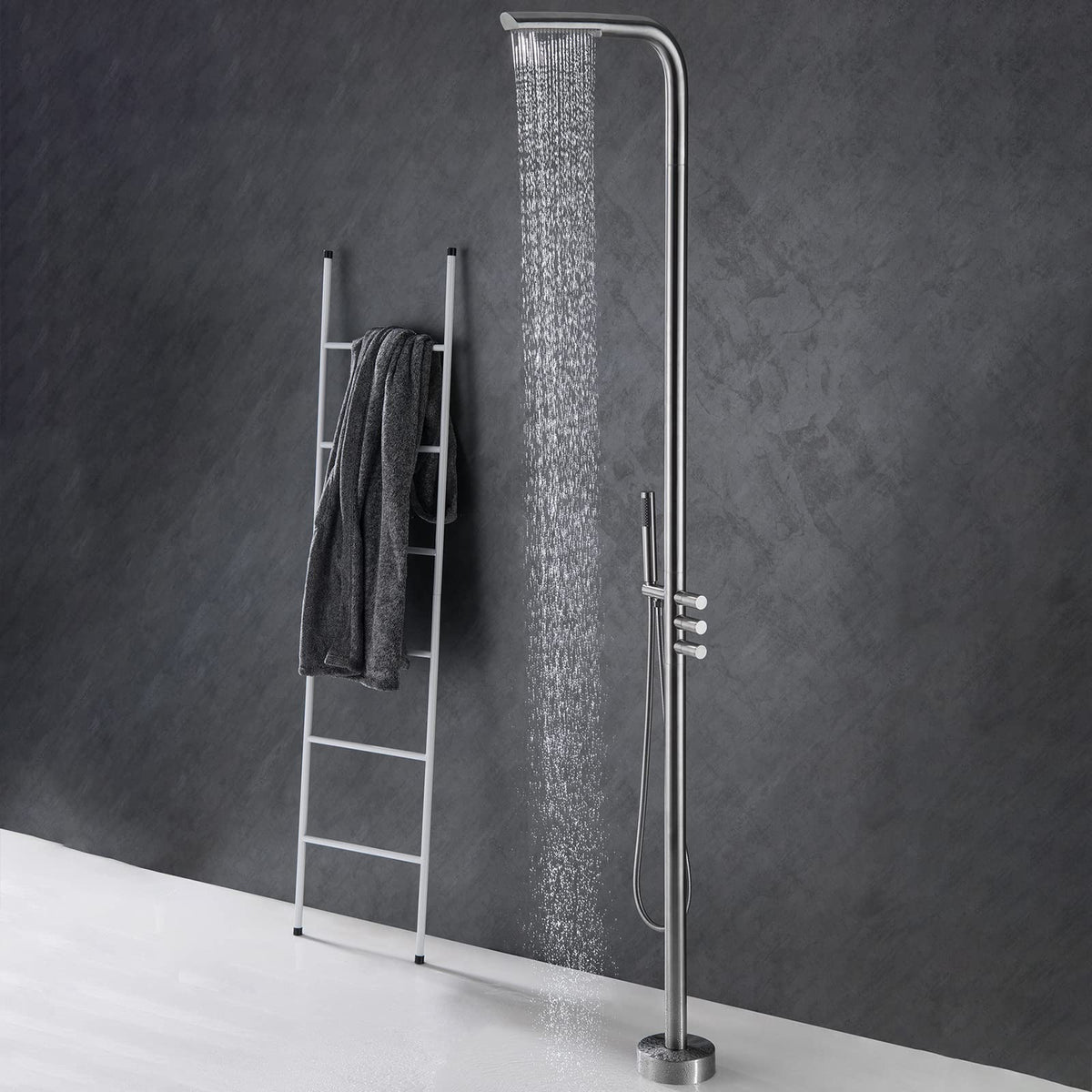 RBROHANT Outdoor Shower Brass Outside Shower Kit for Backyard Garden Pool Beach, Freestanding Outdoor Shower Fixtures with Overhead Shower Head and Handheld, Floor Mounted, Brushed Nickel, RB0089