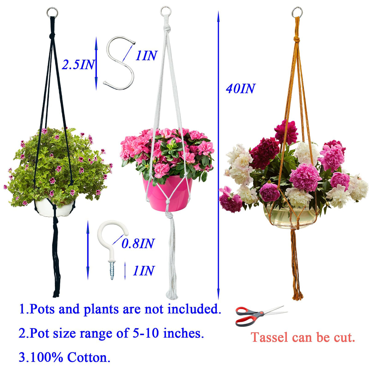 Macrame Plant Hangers Planter Flower Pots Holder 3 Pack Basket Stand Tassels with 6 Hooks Kit Cotton Rope for Decorative Indoor Outdoor Patio Garden Boho Home Décor (POTS NOT Included) (BLACK)