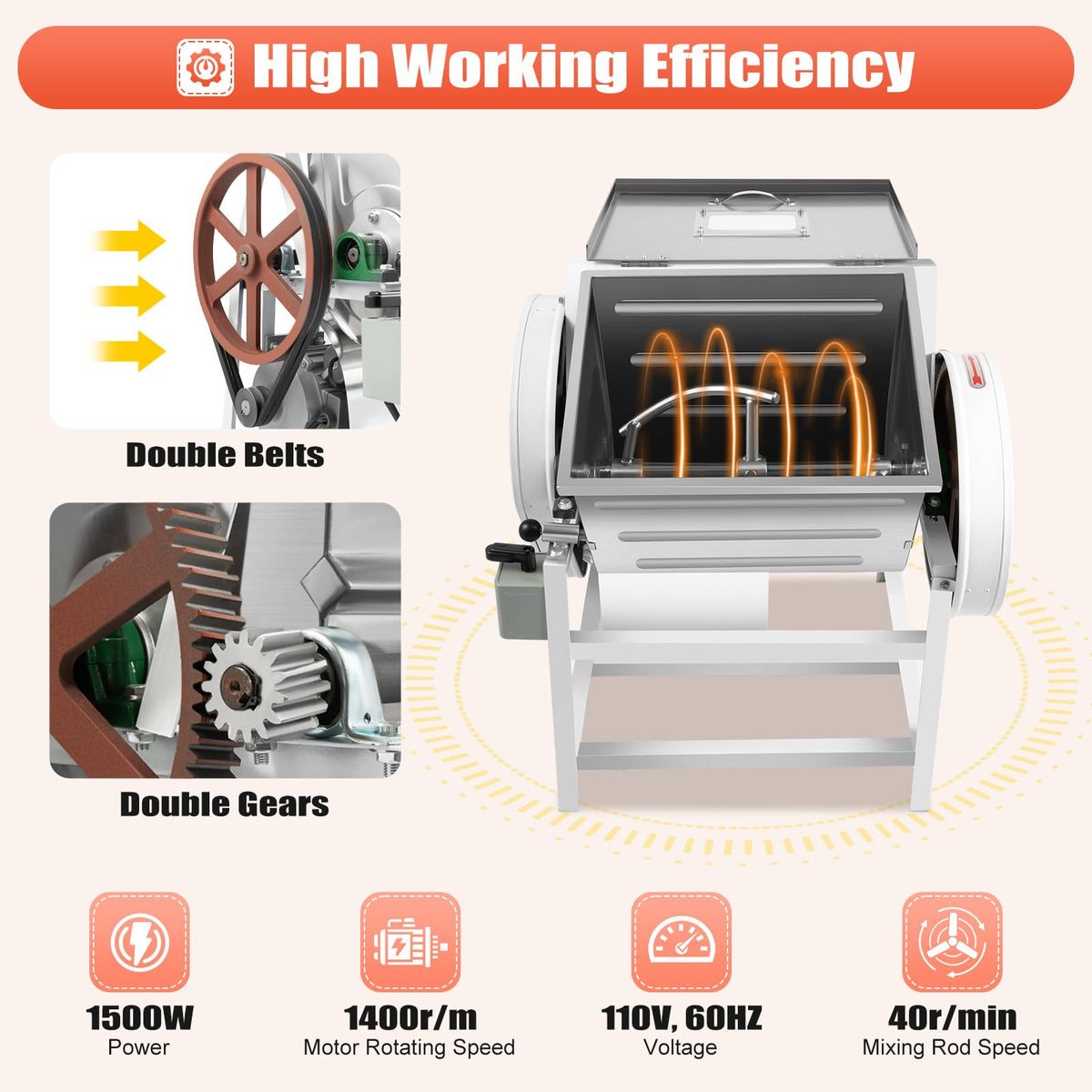 Lumicasaler Commercial Dough Mixer, 30QT Electric Flour Mixing Machine, 1500W Dough Kneader Machine with 90° Tilt Stainless Steel Bowl and Double Belts, 40r/min Forward/Reverse for Bakery Pizza Shop