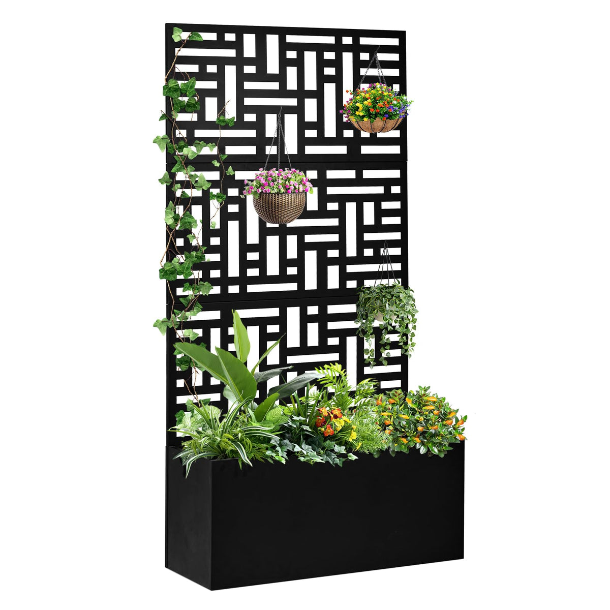 Outvita Metal Planter Box with Trellis, 71’’ x 36’’ x 16’’ Raised Garden Bed with Drainage Holes for Climbing Plants, Vegetables, Vines, Privacy Planters for Patio (Black)