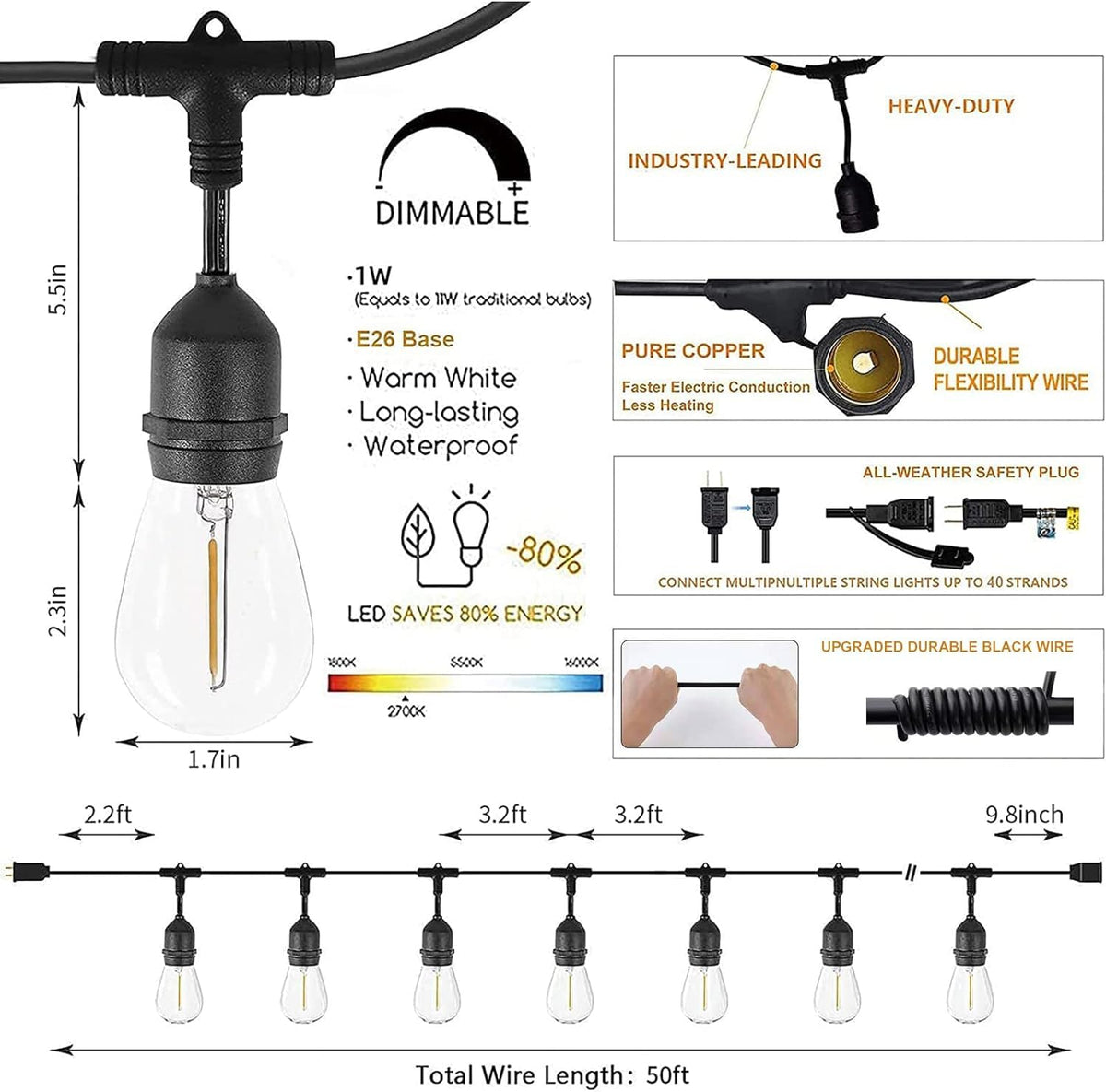 Svater Outdoor String Lights 150FT, E26 Socket, 48pcs S14 Shatterpoof Bulbs, 1 Watt Dimmable 2700K Warm White, IP65 Waterproof Commercial Grade Patio Lights（3 Pack X 50FT）