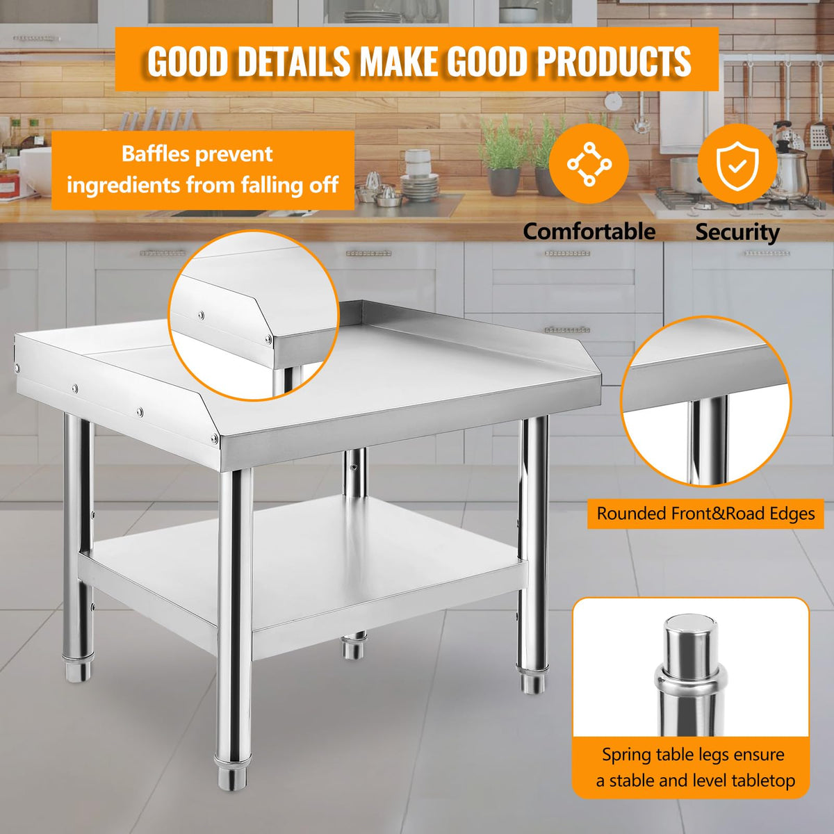MOVECOM Stainless Steel Equipment Grill Stand Table 24x24x24 inch, 1000 lbs Top Shelf, 220 lbs Bottom Shelf, Adjustable Legs, 2" Edge Baffle, for Hotel, Home, Commercial Restaurant Kitchen