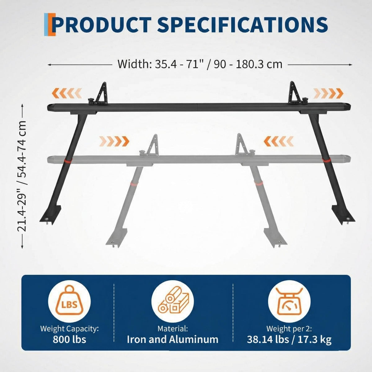 Aluminum Truck Rack, 35.4-71 in Width Adjustable Truck Bed Rack, Heavy Duty 800 LB Capacity, Secure Carrier for Kayak, Surfboard, Lumber, Contractor Gear, Black