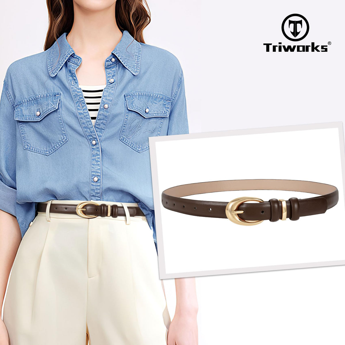 TRIWORKS Women Leather Belt for Jeans Pants Fashion Ladies Skinny Faux Leather Dress belt with Gold Buckle