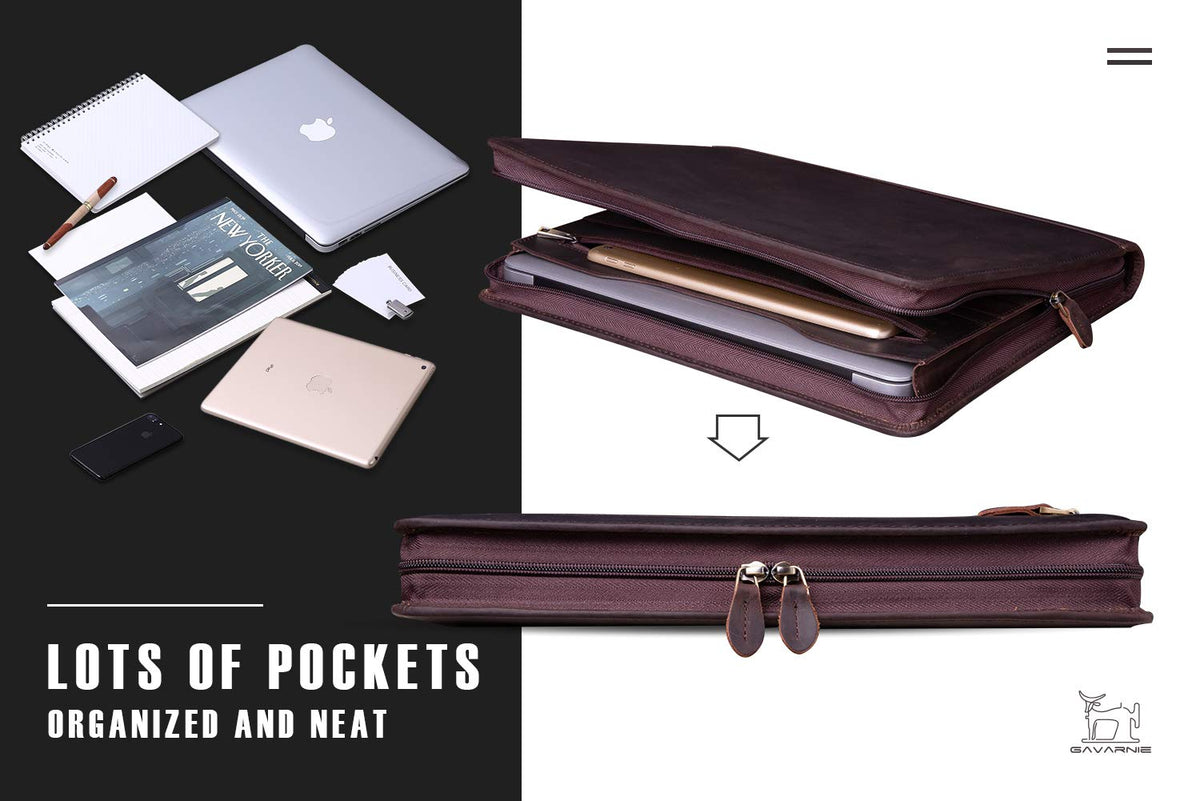 Gavarnie Genuine Leather Professioal Business Portfolio Padfolio Folder with Zipper for Men and Women,Work Portfolio for Letter Size Notepad, for Meeting and Travel, Dark Brown