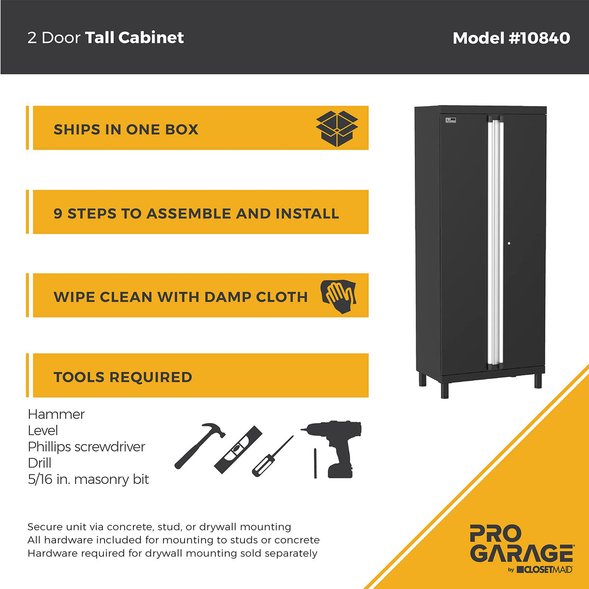 ClosetMaid ProGarage Tall Cabinet with Two Doors, Lock and Adjustable Shelves, for Garage Storage, Heavy Duty Steel, Black