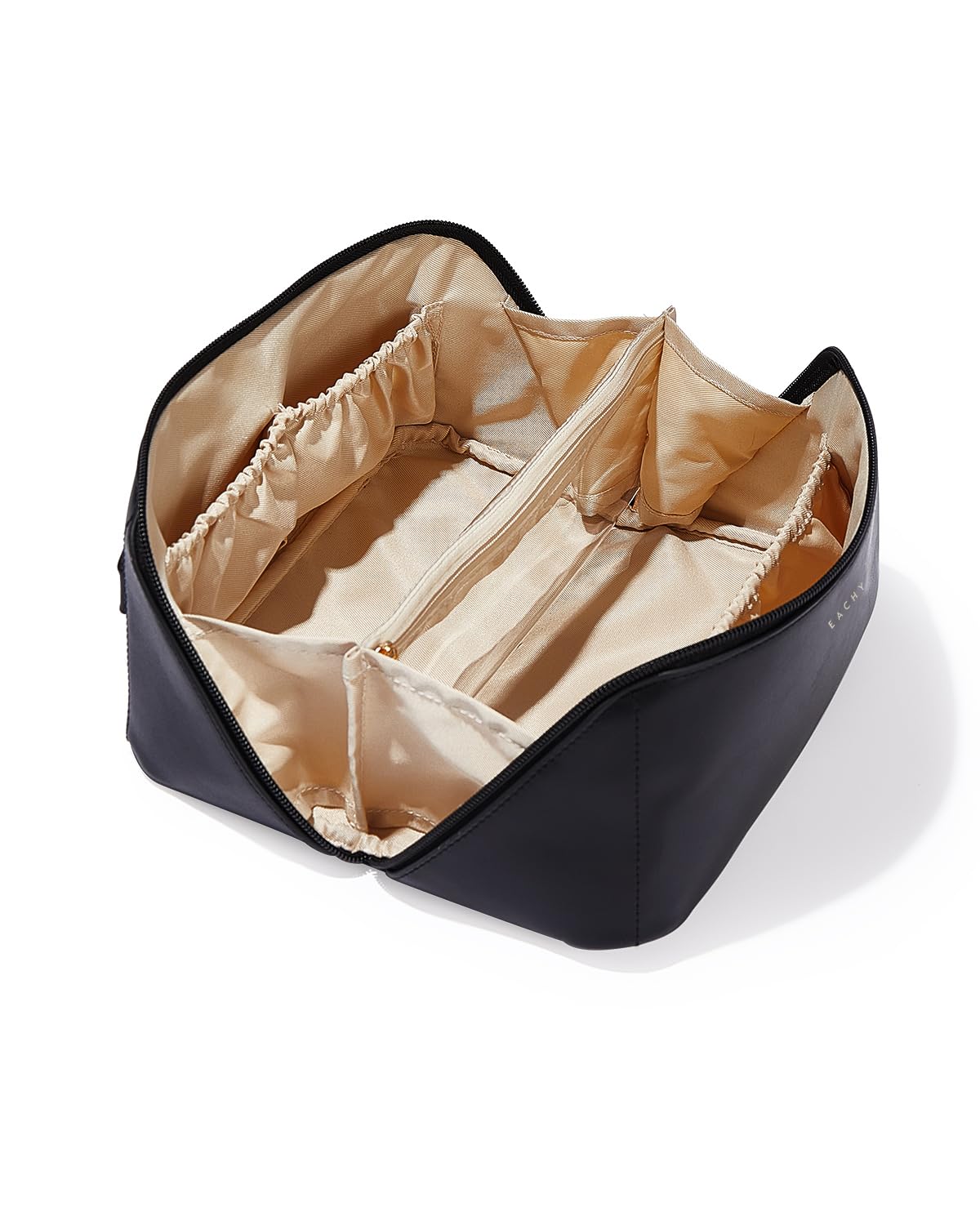 EACHY Travel Makeup Bag,Large Capacity Cosmetic Bags for Women,Waterproof Portable Pouch Open Flat Toiletry Bag Make up Bag with Divider and Handle, Gifts for Women (Black, Medium)