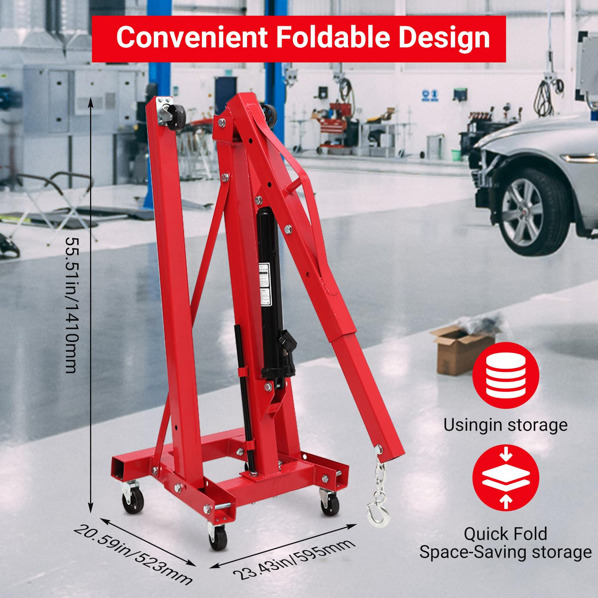 GarveeTech 2 Ton Hydraulic Engine Hoist, 4400 LBS Folding Picker Hoist, 6 Casters and Lever Heavy-Duty Hoists for Garage Auto Repair (Red)