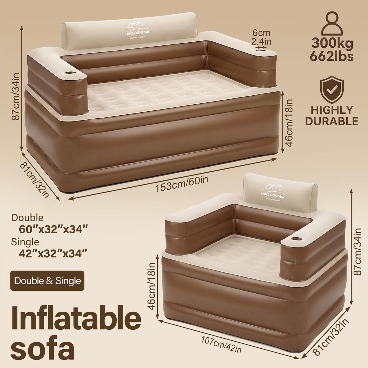 LANMOUNTAIN Inflatable Couch Set with Cup Holders & Pump, Velvety Air Sofa (1 Loveseat 60"x32"x34" & 1 Chair 41"x32"x34") for Camping & Home