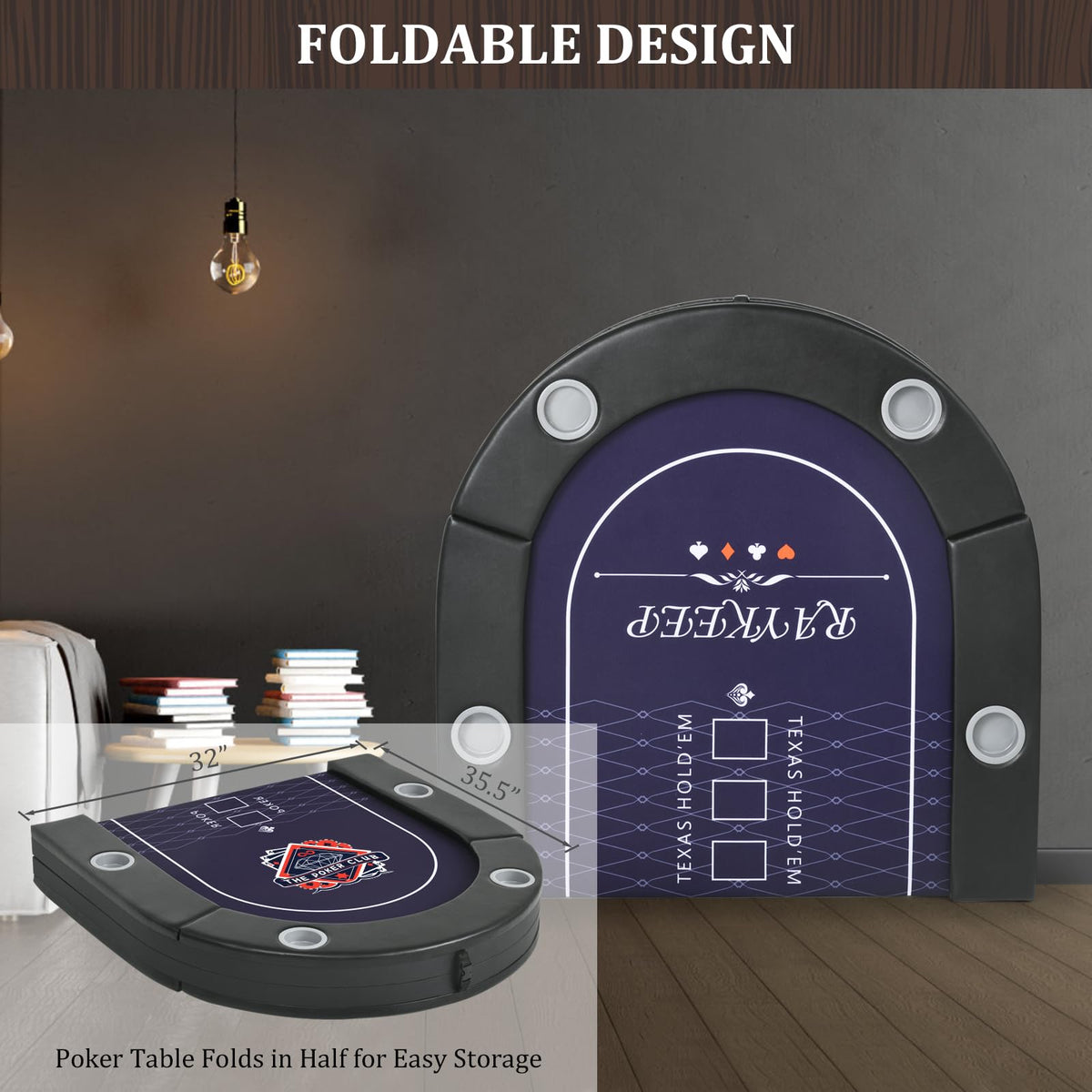 RAYKEEP 71 Inch Poker Table Foldable, 8 Player Folding Poker Tables w/Collapsible Legs, Casino Grade Felt, Padded Rails and Cup Holders, Portable Poker Table for Texas Holdem Poker and Blackjack