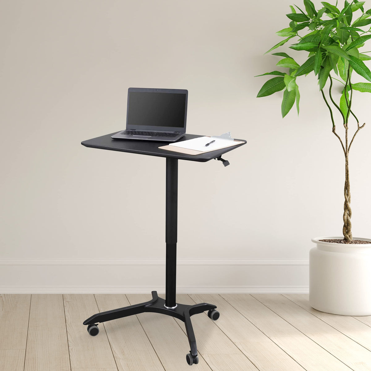 Stand Up Desk Store Pneumatic Adjustable Height Rolling Mobile Laptop Standing Desk Cart (Black Frame/Black Top, 28" Wide)